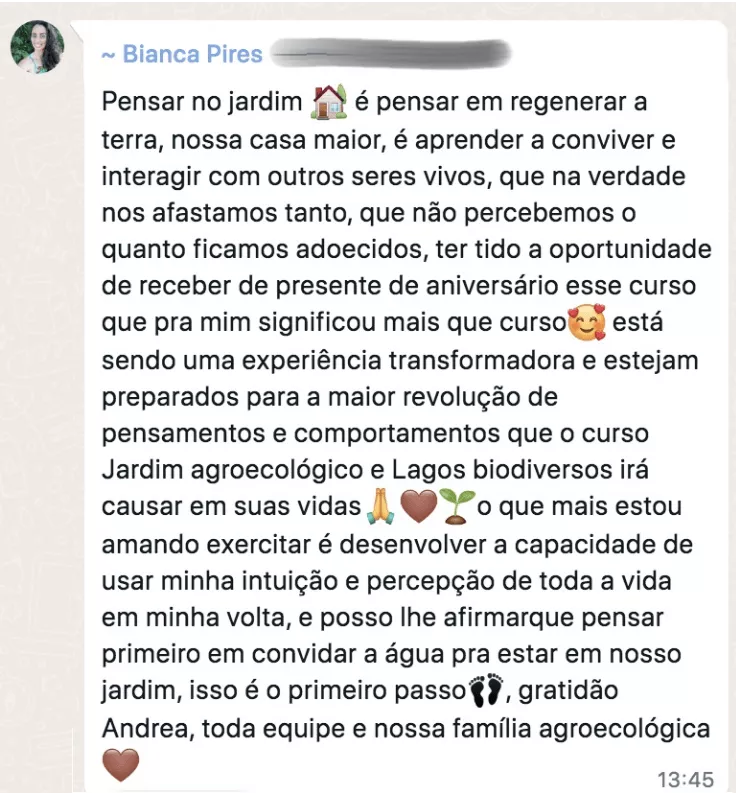 Curso O Maravilhoso Mundo dos Jardins Agroecológicos depoimentos vale a pena